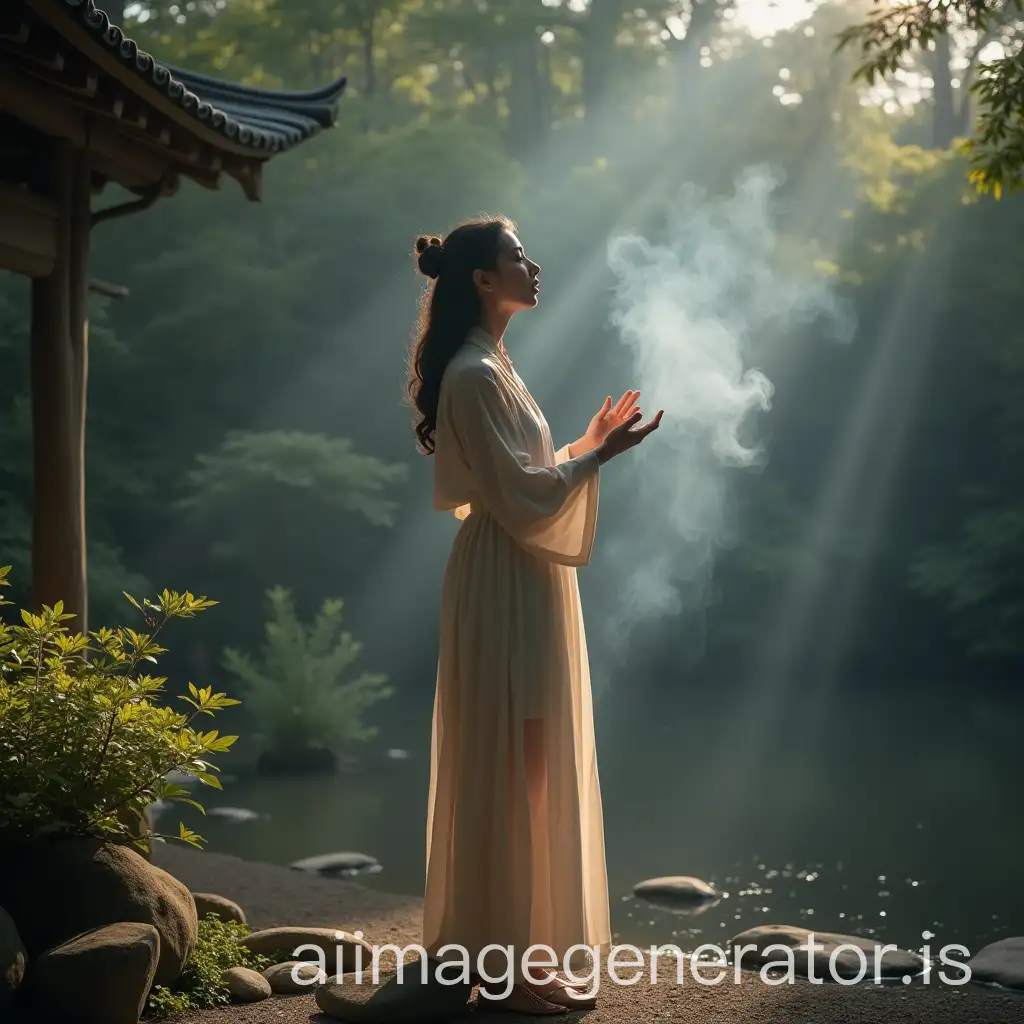 Soprano-Woman-Singing-in-Zen-Garden-with-Incense-Smoke