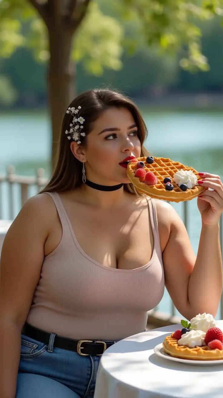 Curvy-Woman-Enjoying-Waffles-in-a-Park-Restaurant-with-Lake-View