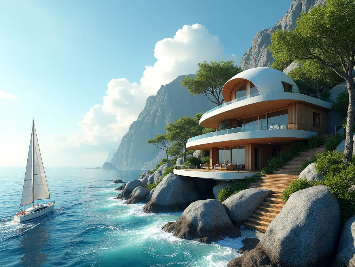 Create a high-resolution, realistic panorama image of a futuristic terrace building with steps to the sea window snail house with many plants and gray and brown facades a yacht on the sea waves, large trees, blue sky