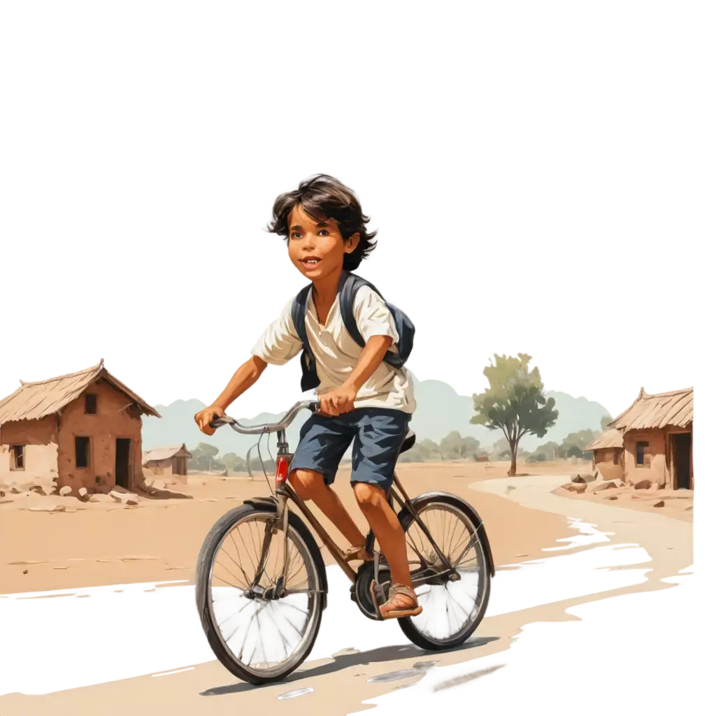 Cartoonish-Illustration-Child-Riding-Bicycle-in-Indian-Village-PNG-Image