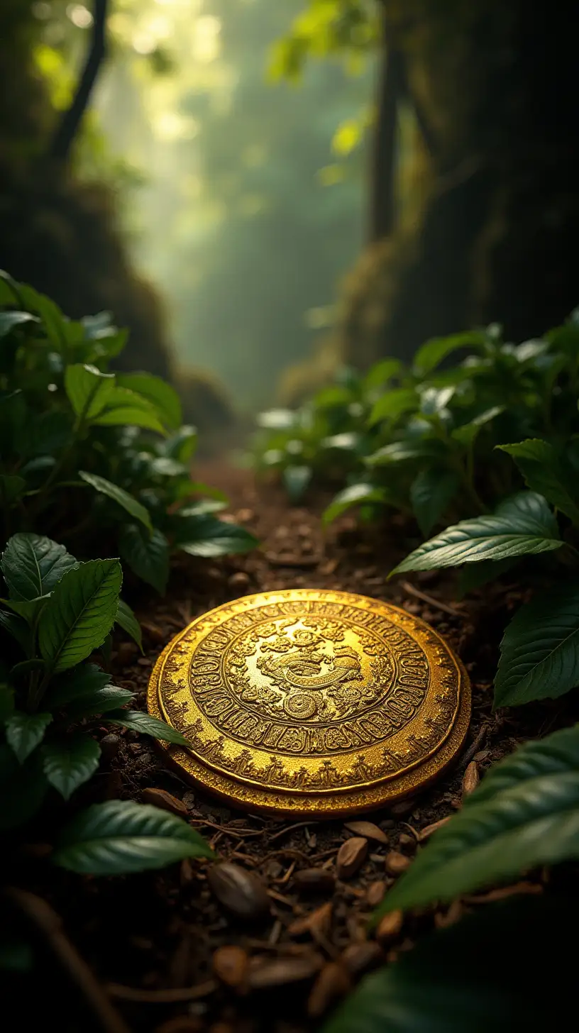 Ancient Inca Gold Artifacts in Lush Jungle Foliage