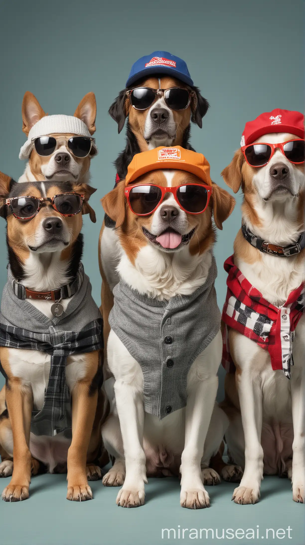 Diverse Group of Dogs in Stylish Clothing and Sunglasses