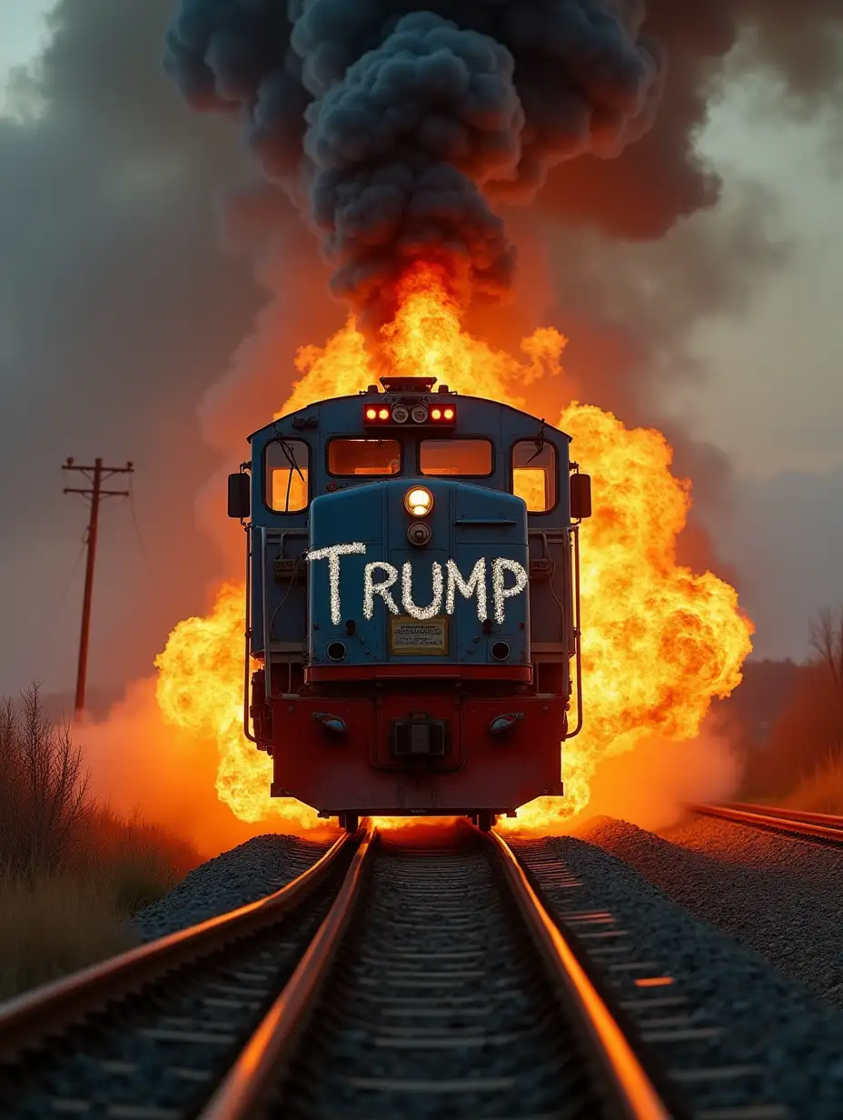 Write the word “Trump” Trump written on train breathing fire and running out of control.