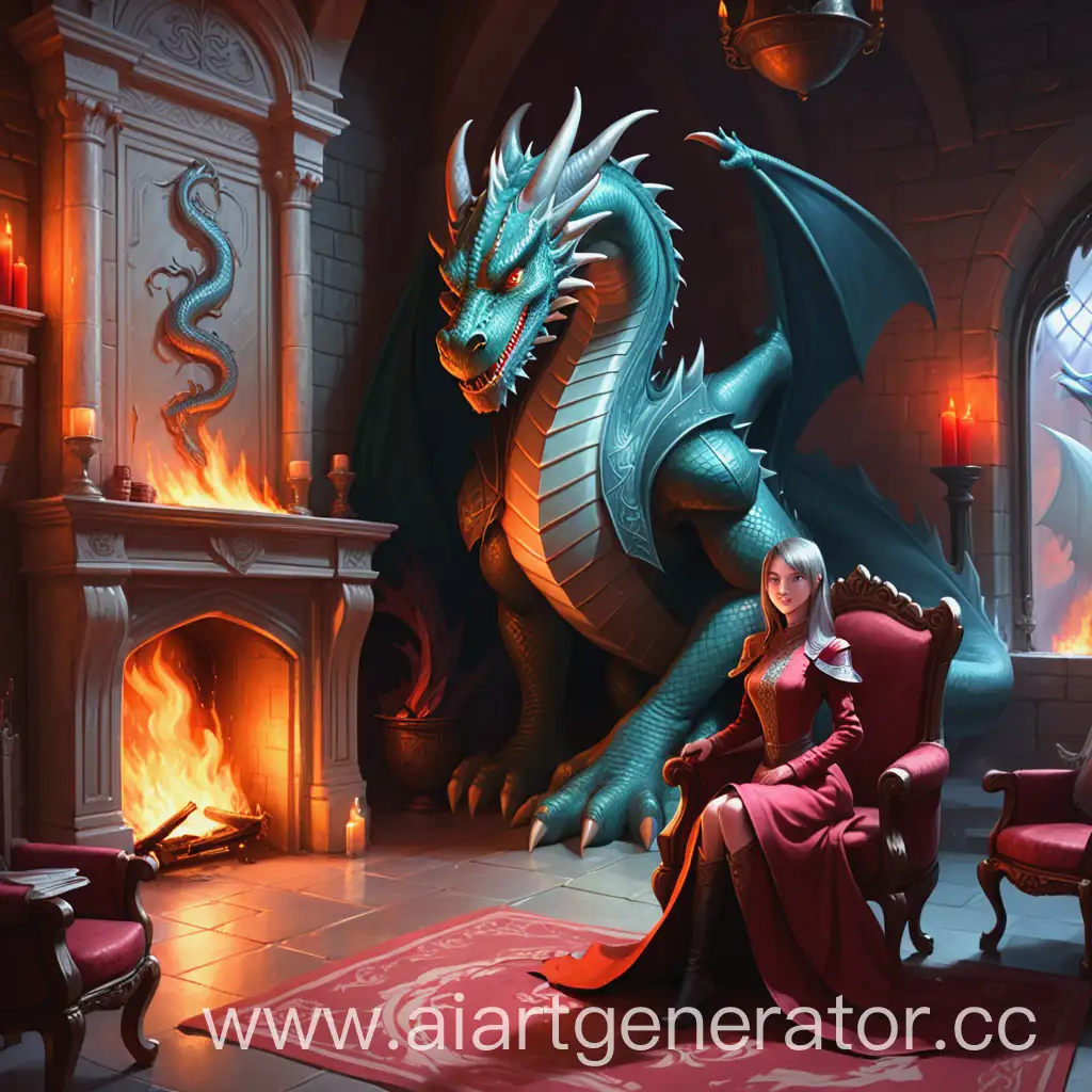 Girl-in-Throne-Room-with-Dragon-by-Fireplace