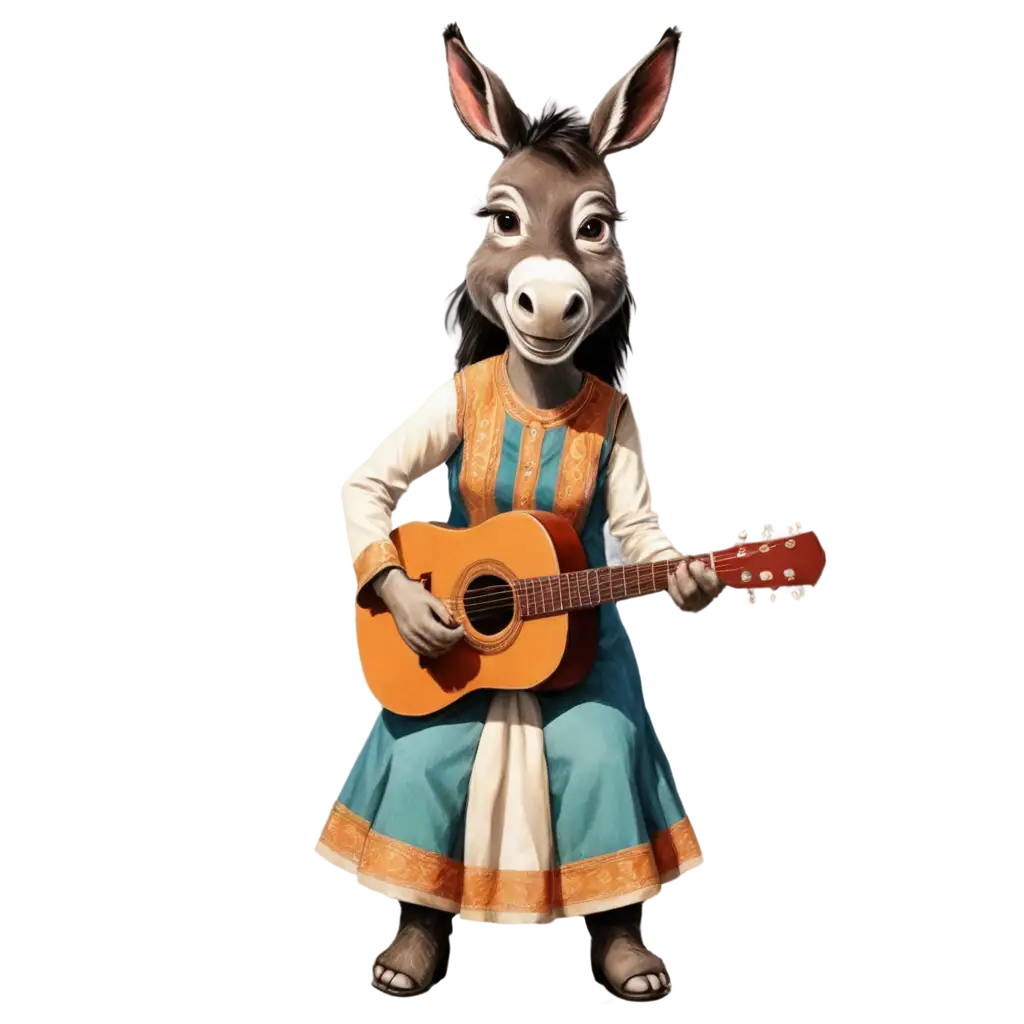 female donkey playing guitar , wearing female indian ladies kurta , make it ultra realistic