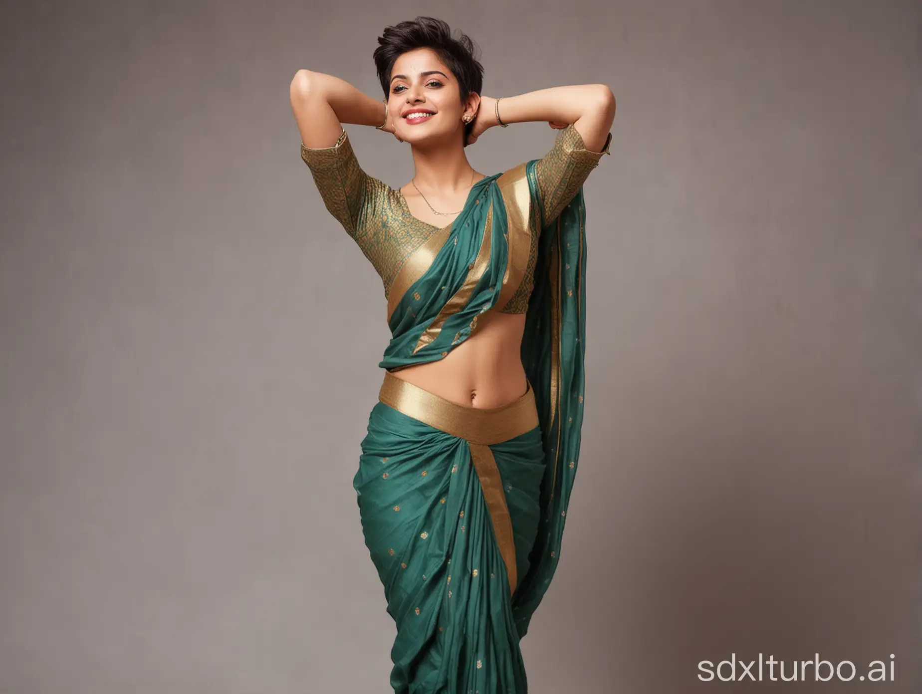 Tomboy-Pixie-Haircut-Standing-in-Blouse-and-Saree-with-Raised-Arms