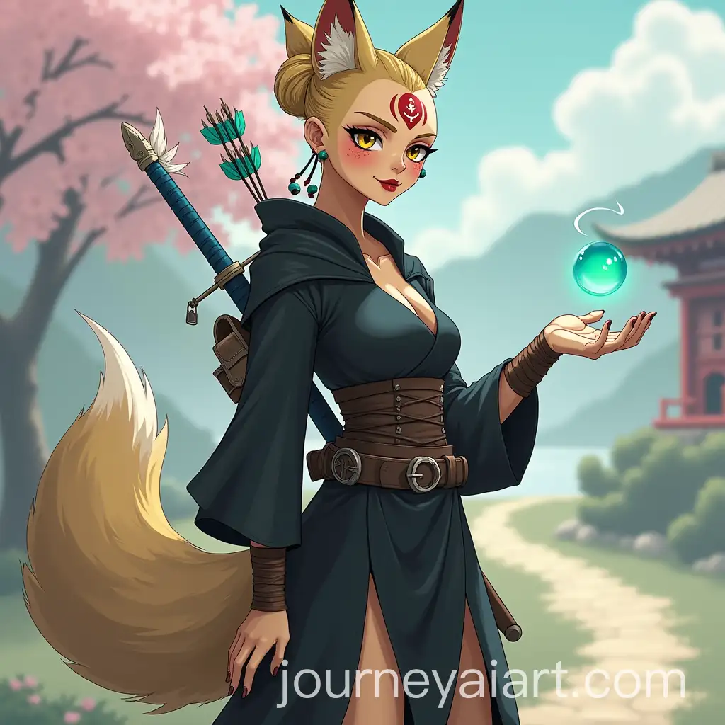 Mystical-Kitsune-Woman-with-Fox-Traits-and-Soul-Magic-in-a-Cherry-Blossom-Landscape