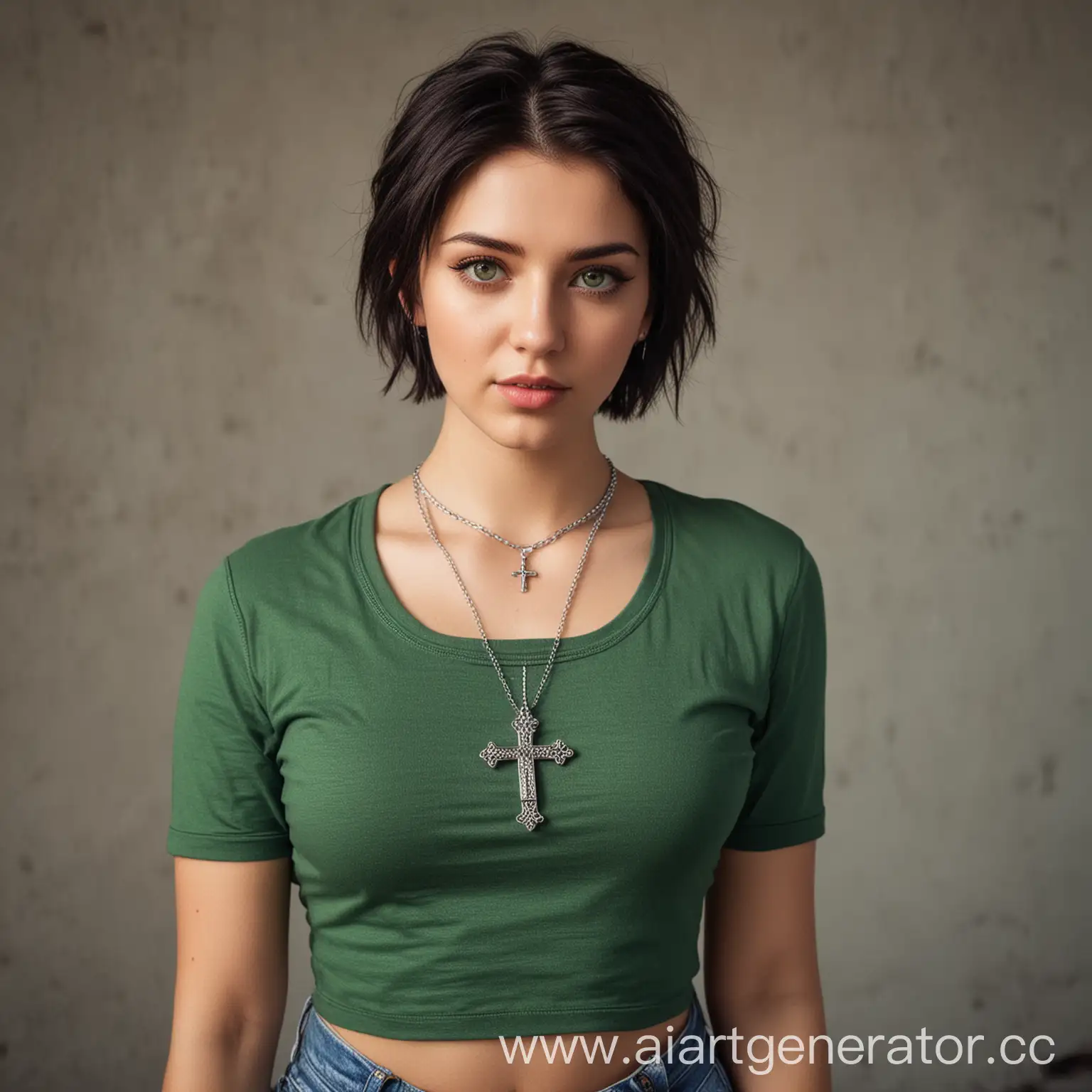 Young-Woman-with-Green-Eyes-and-Orthodox-Cross-Necklace-in-Green-Crop-Top