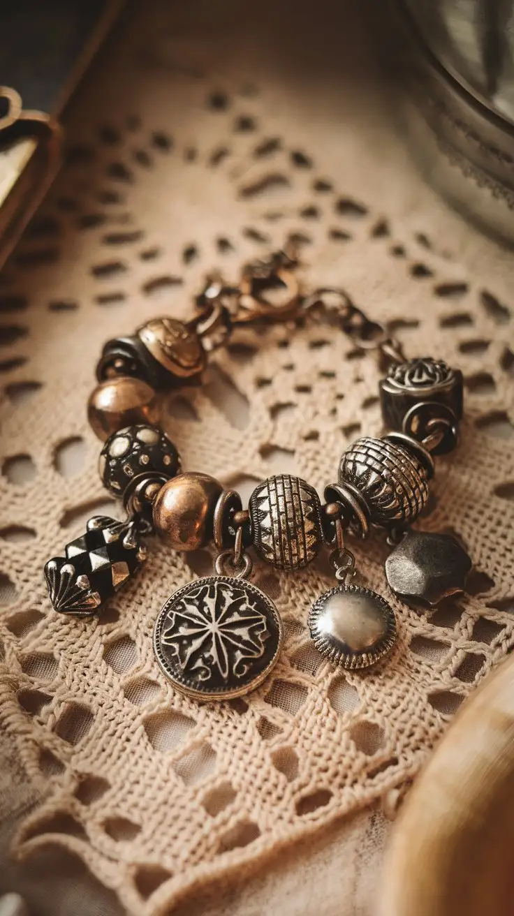 CloseUp-of-Vintage-Charm-Bracelet-with-Art-Deco-Charms-on-Antique-Lace-Doily