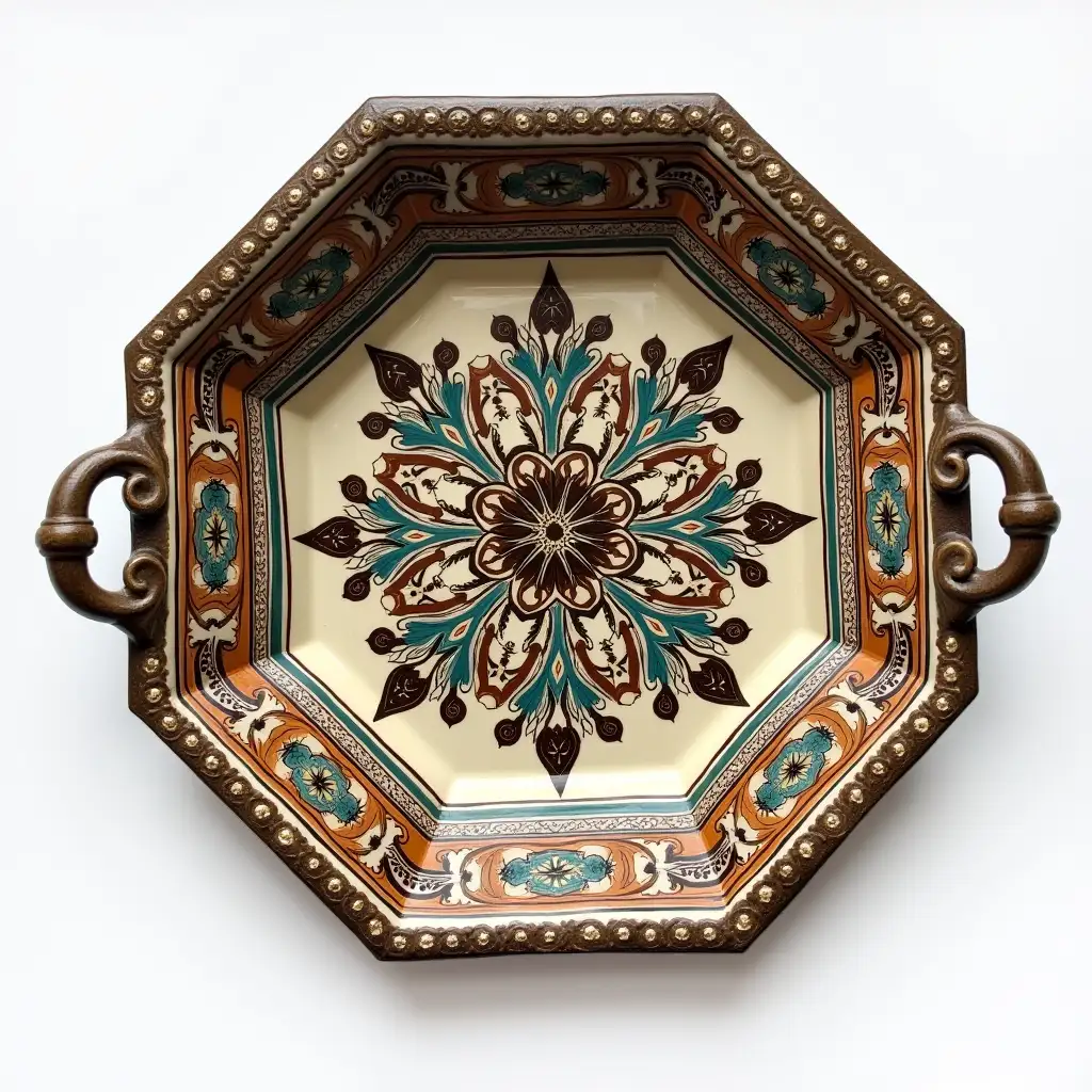 Hexagon with rounded corners ceramic serving dish withe embossed beautiful handle,Fine art, Hyper detailed,Antique and old, Qajar art, Iranian Tabriz carpet design