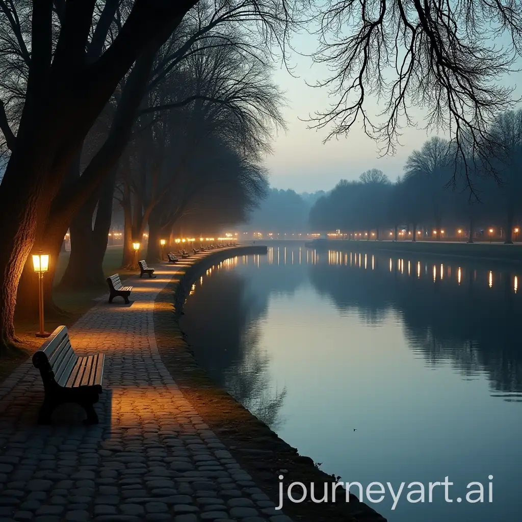 Sava-River-Promenade-in-Zagreb-1938-Serene-Landscape-with-Trees-and-Lit-Benches