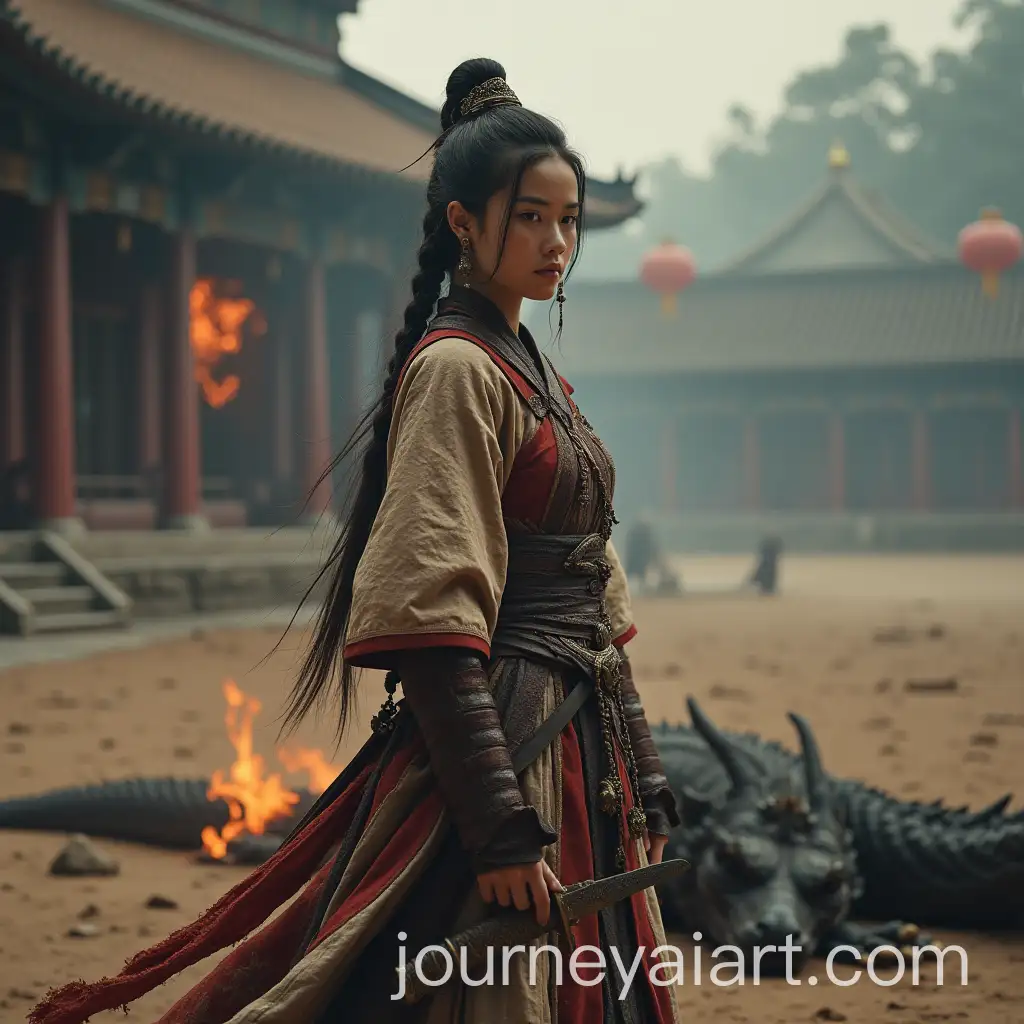 Brave-Young-Female-Warrior-of-the-Chinese-Empire-Confronts-a-Fallen-Dragon