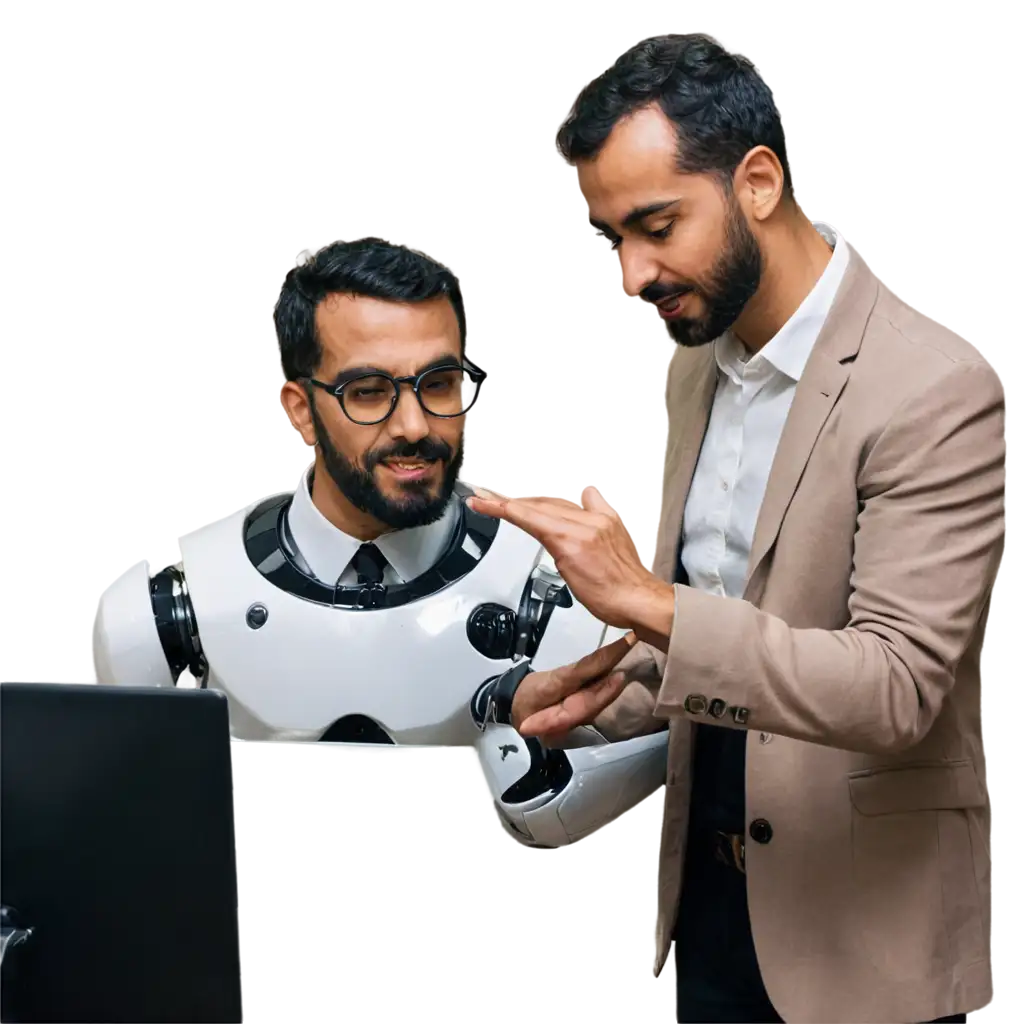 Arabic man teacher being assisted by a robot in class