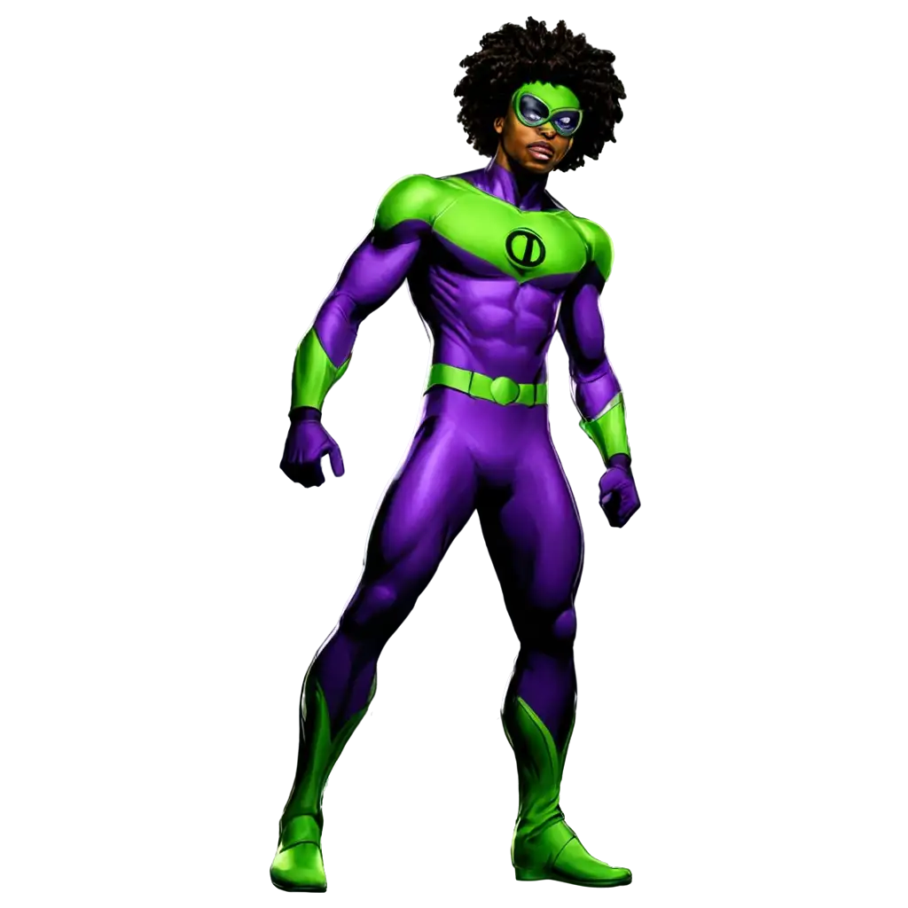 24YearOld-Black-Male-Superhero-PNG-with-Afro-Green-Mask-and-PurpleGreen-Uniform-in-Comic-Book-Style