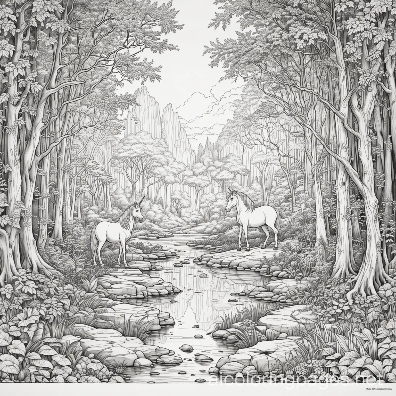 create a coloring book for Mystical Forest: A dense forest with towering trees, where unicorns graze near a crystal-clear pond, and ancient stone ruins are covered in ivy and moss. make the outline to be for a 2 year old child to color , Coloring Page, black and white, line art, white background, Simplicity, Ample White Space. The background of the coloring page is plain white to make it easy for young children to color within the lines. The outlines of all the subjects are easy to distinguish, making it simple for kids to color without too much difficulty