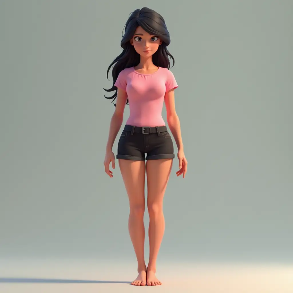 3d pixar, woman looking down, in black shorts, pink shirt, bare feet,