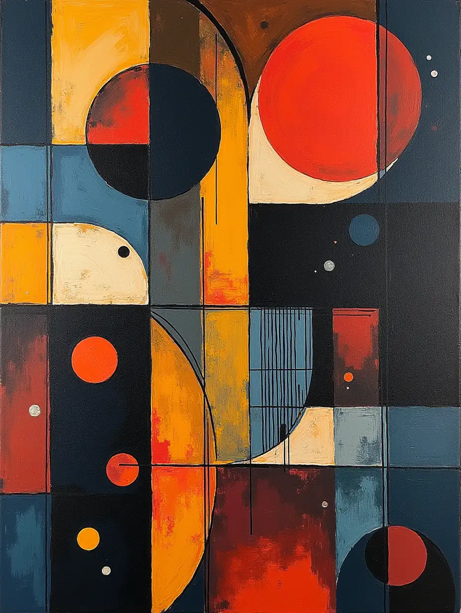 user_prompt: A grid-like painting, with a striped pattern, primitive and schematic comic character in the style of Kandinsky, Malevich, minimalism, simplified for a beginner acrylic painter with many colors, constructivism abstractness, somewhat dark