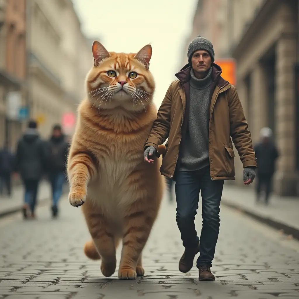 Giant funny cat walking with a man