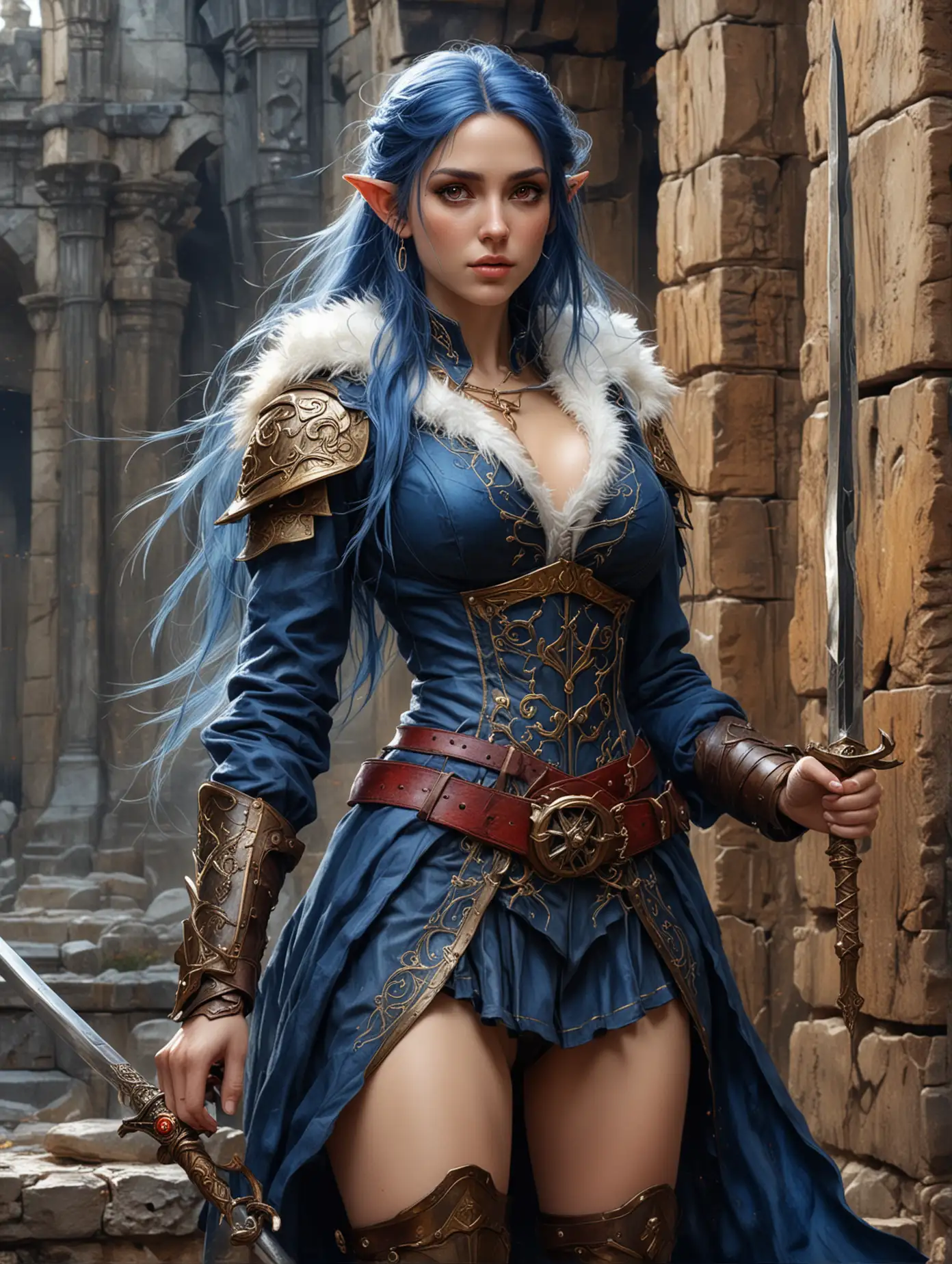 Dark-Fantasy-Illustration-Beautiful-HalfElf-Woman-with-Sword-in-Ancient-Ruin