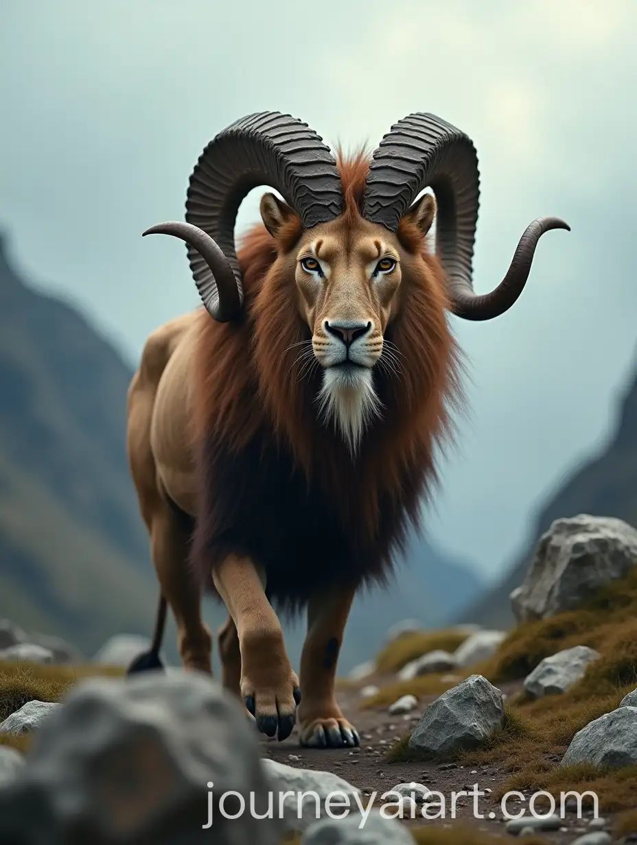 Majestic-Hybrid-Creature-with-Lion-Body-and-Markhor-Goat-Features-in-Rocky-Mountain-Terrain