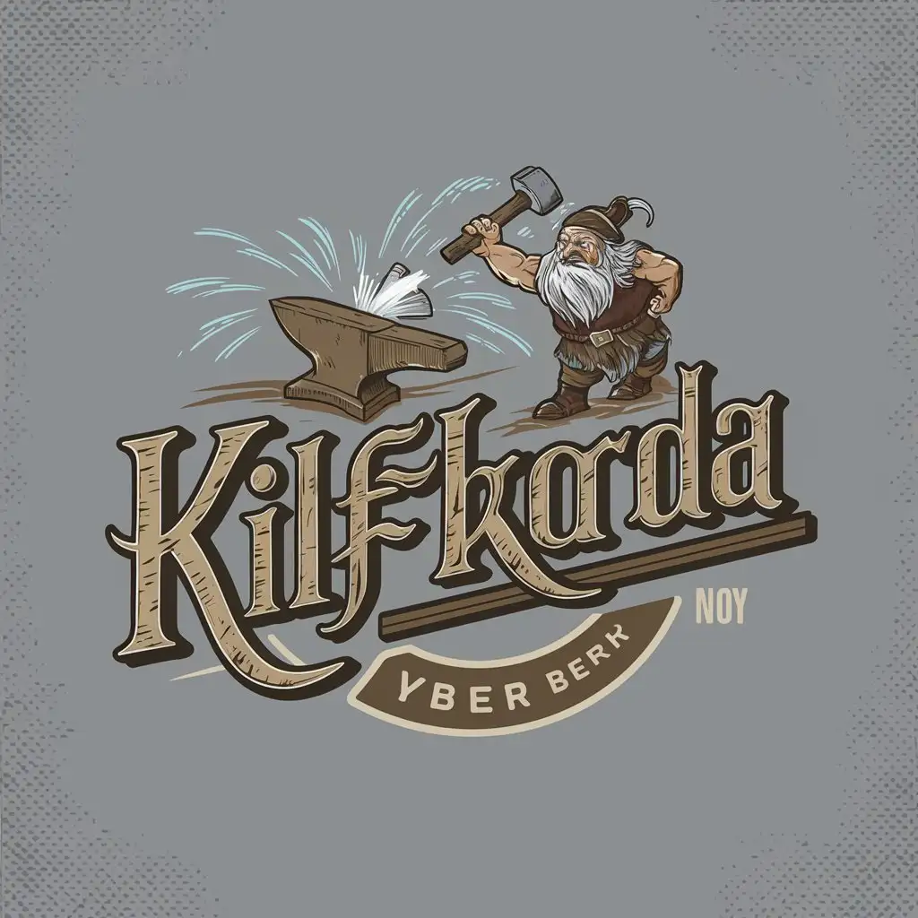 LOGO Design for KILFKORDA Beer Logo with Swinging Viking Dwarf Hammer and Anvil Theme