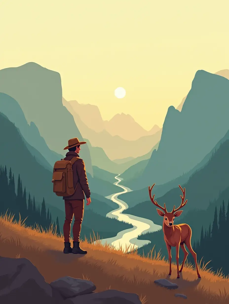 illustration design, an explorer with a male deer standing on a hill, in front of him there is a valley and river and untouched wilderness by humans, warm colors, flat design without color gradient