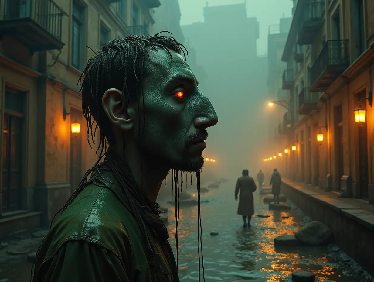 Creating a digital photo of a man with a big face with slime hair, that goes into a building with brown soup worms and illuminated toilet with rust from iron and a river with floating paint fog and rusty lanterns and strange ghastly creatures