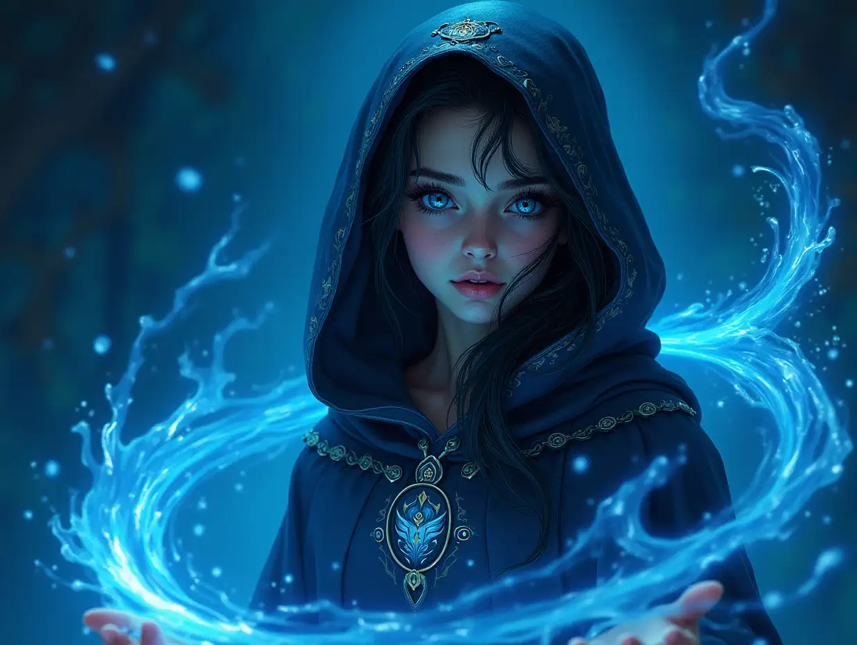 A young woman with dark hair and bright blue eyes manipulates flowing water. She wears a dark, hooded cloak with intricate, glowing details. The background is a swirling, dark blue, suggestive of a night sky, moon, twinkles or deep water. The overall style is fantasy, with a focus on magic and mystical elements. The lighting is dramatic, highlighting the woman and the water she controls.  Detailed, sharp focus, digital painting, realistic, HD