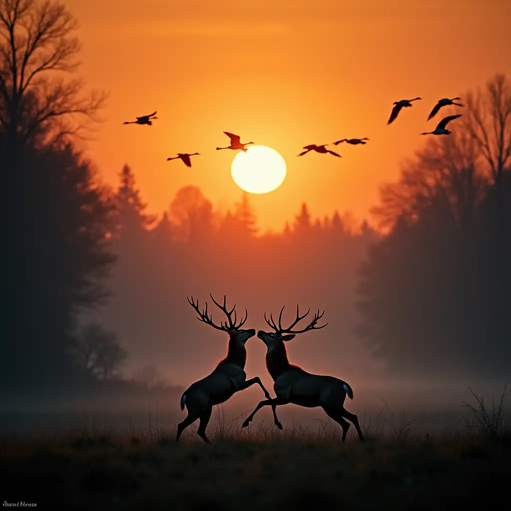 deep: sun rising over the forest, closer: flock of cranes taking flight, in the foreground two fighting deer