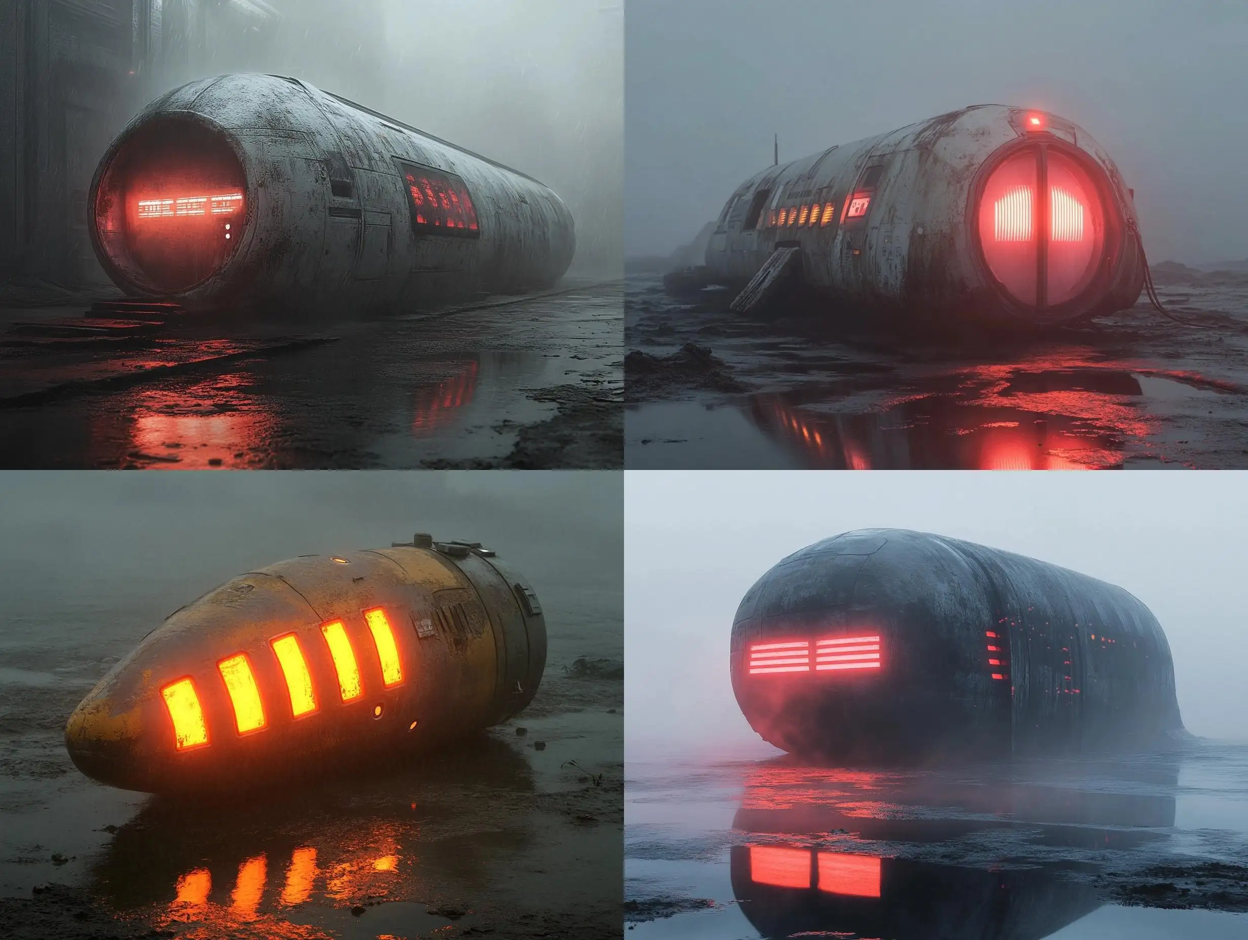 Dystopian-PostApocalyptic-Capsule-Shaped-Spacecraft-with-Red-Illuminated-Windows