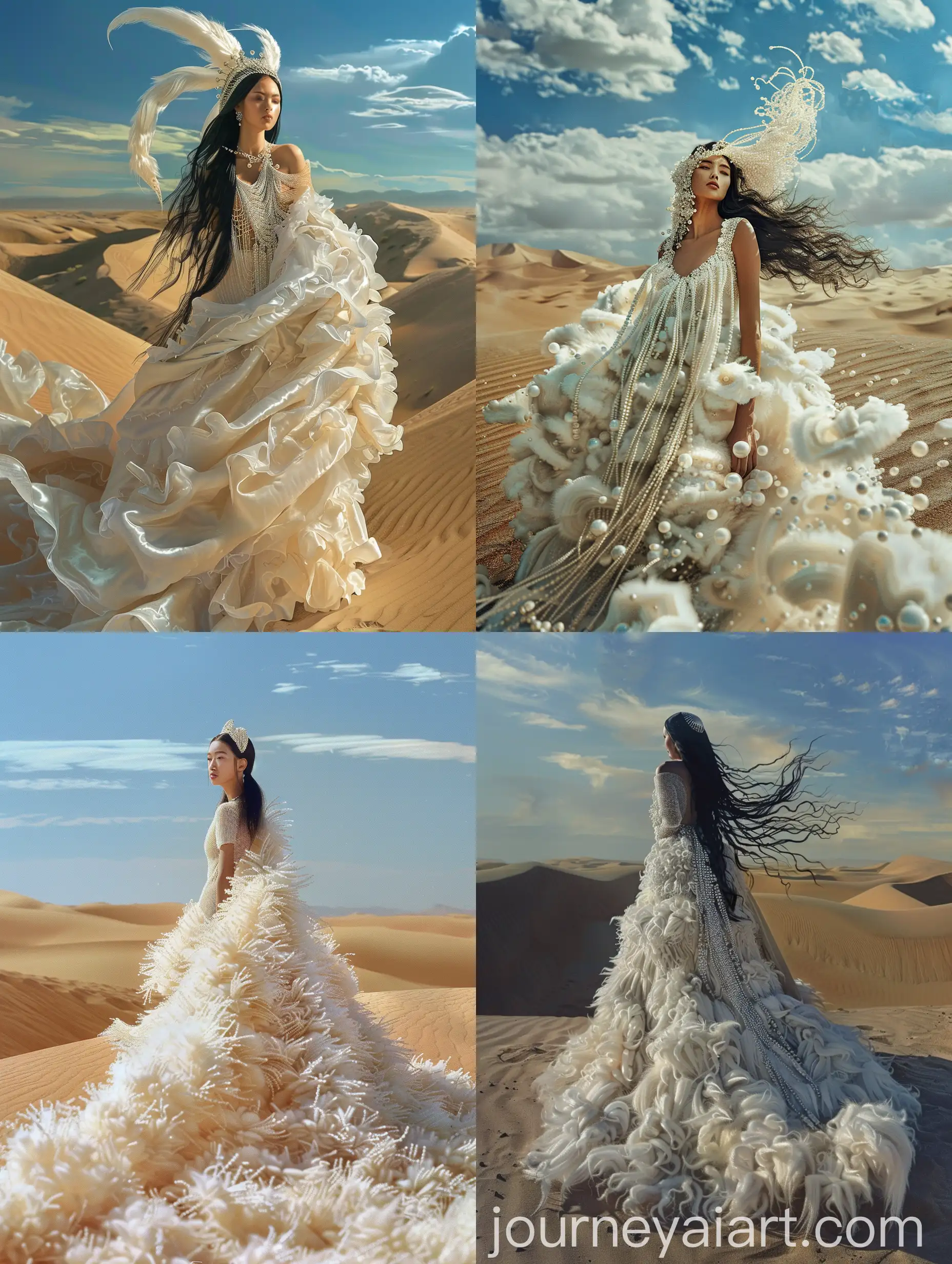 Elegant-Woman-in-PearlAdorned-White-Dress-Amid-Desert-Landscape