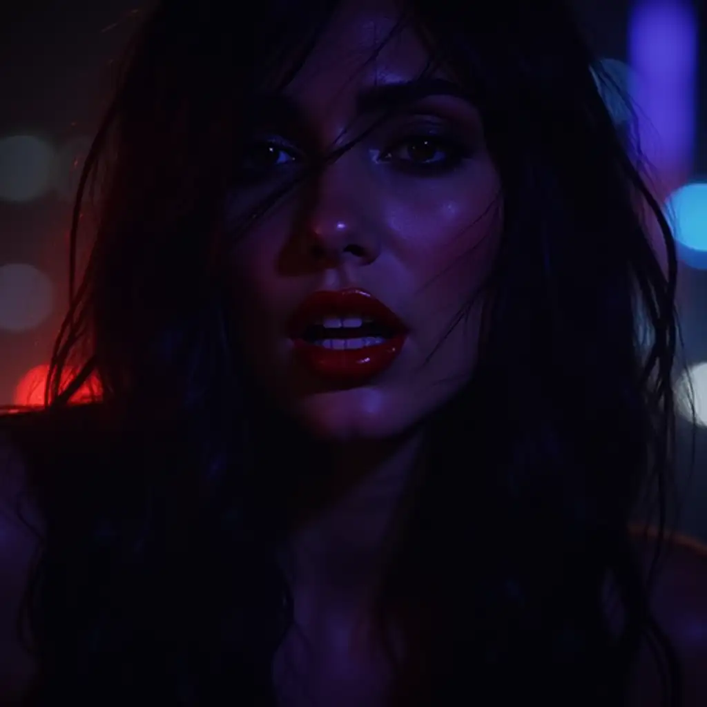 The photo features a close-up of a woman's face, partially obscured by shadows or a veil, with only hints of her features visible. Her lips are painted red, and her eyes seem to gleam with a mischievous spark.nnThe background is dark and moody, with subtle hints of neon or city lights bleeding through the shadows. The overall effect is one of mystery, allure, and forbidden temptation.nnThe color palette is bold and seductive, with deep blacks, dark purples, and flashes of red. The image is high-contrast, with dramatic lighting that adds to the sense of drama and intrigue.nnThe overall mood of the photo is one of sophisticated, high-stakes seduction – perfect for a song that's all about the thrill of the chase and the allure of the unknown.