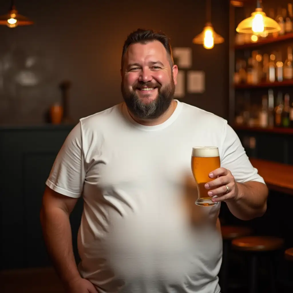 Smiling-40YearOld-Man-with-Beer-Belly-in-a-Bar-Holding-a-Beer