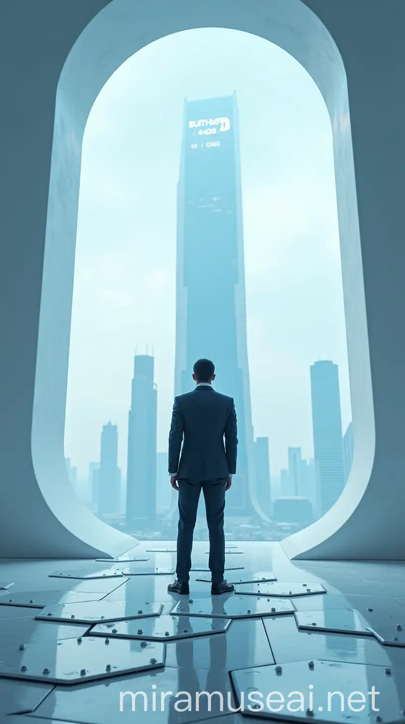 Cyberpunk Businessman in Futuristic Office with Cityscape View