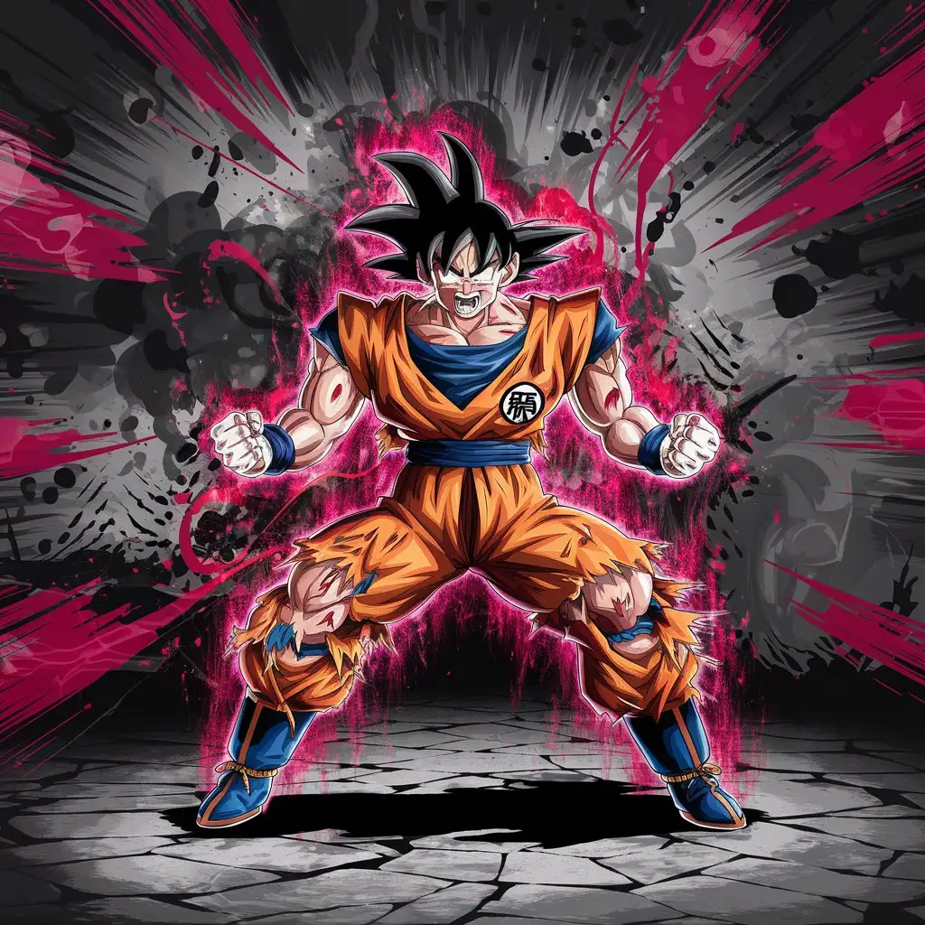 Create a high-resolution digital illustration of Goku in his Kaio-Ken form, captured in a powerful, focused stance. His orange gi should ripple with intensity, scorched and torn from battle, as his entire body radiates a burning red aura. His muscles are tensed, veins glowing slightly, and his face locked in fierce concentration. nSurround him with vibrant, chaotic red and magenta energy, illustrated through splattered ink, bold watercolor brush strokes, and dripping paint textures. The background should swirl with smoky black and deep crimson bursts, evoking explosive power and raw force. nGoku’s aura should flicker like unstable flame—pulsing and radiating outward in inked streaks and wild brush patterns. Layer in dynamic motion lines, cracked ground, and faint spiritual energy rings around him, all rendered in a fusion of anime detailing and painterly abstraction. nUse bold black outlines, ink splatters, and violent color gradients to amplify the drama, giving the artwork a sense of chaotic energy and relentless motion—perfectly capturing the explosive, high-risk nature of Kaio-Ken.