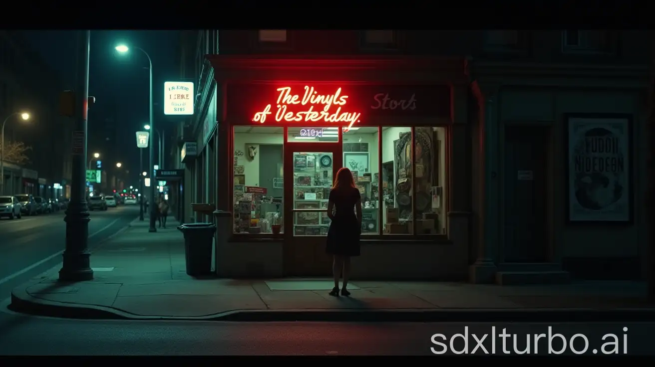 Woman-Holding-Vinyl-in-Front-of-Old-Record-Store-at-Night