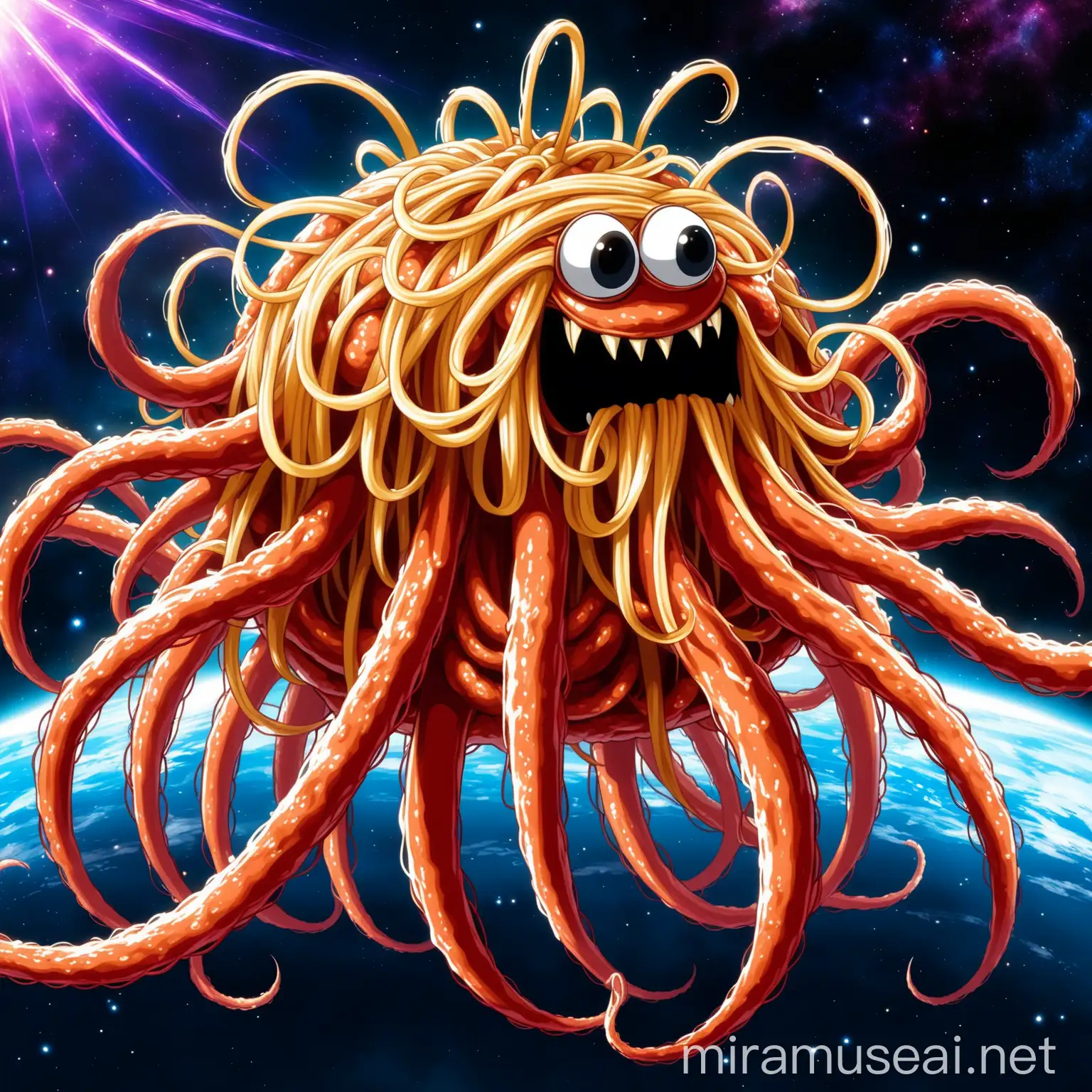 an anime (((Flying Spaghetti Monsterism god))), (((meatballs on its body))), spaghetti tentacles, it is flying, heroic pose, god look, in epic space anime