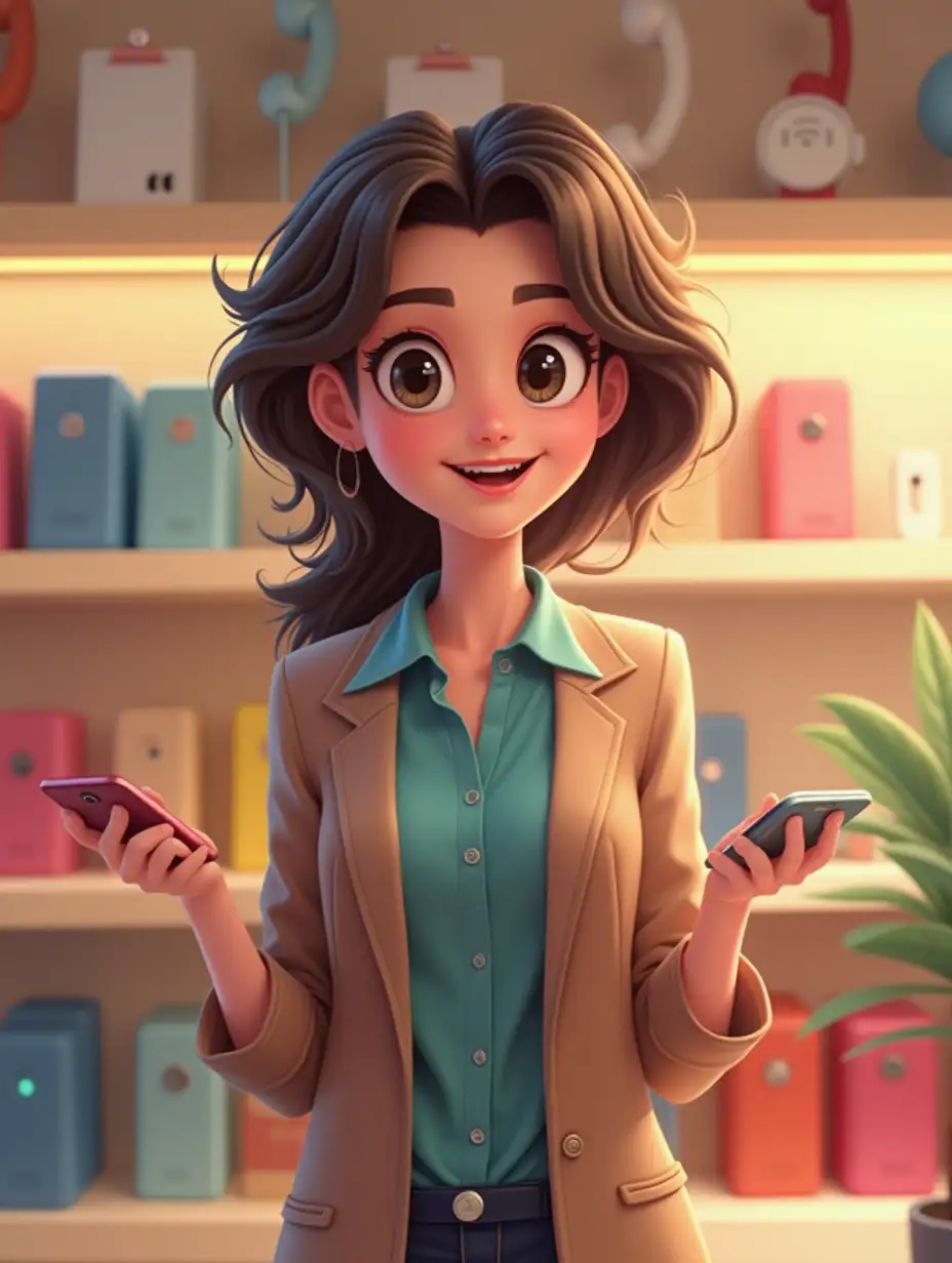 An adult girl. She is a salesperson in a phone boutique. 2d animation