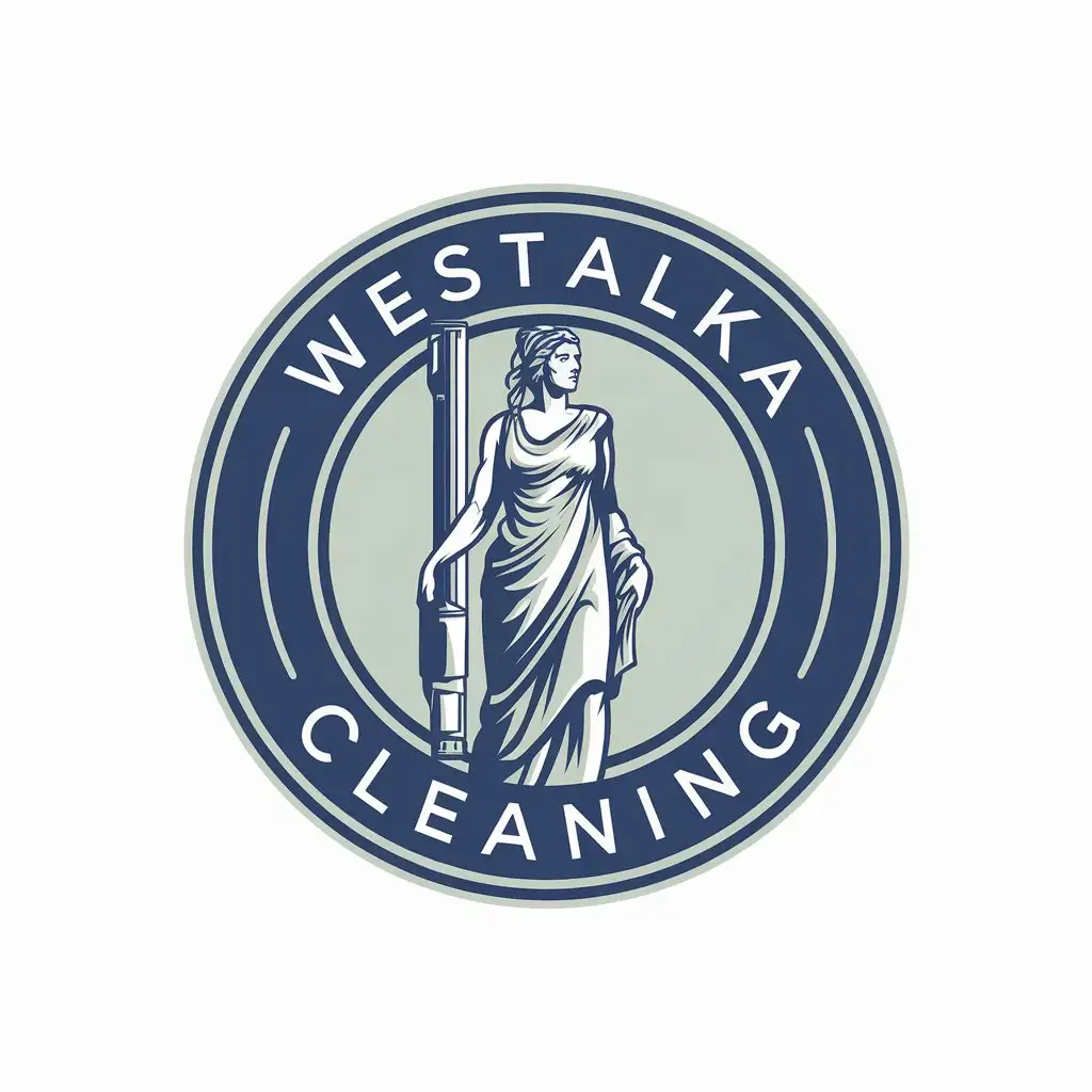 LOGO Design For Westalka Cleaning Modern Greek Style with Woman in Toga and Vertical Vacuum Cleaner