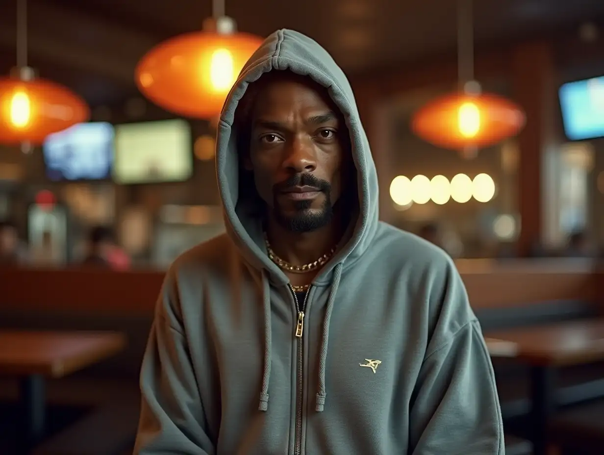 Snoop Dogg wearing a gray hoodie standing in a restaurant facing the camera, with a serious angry expression