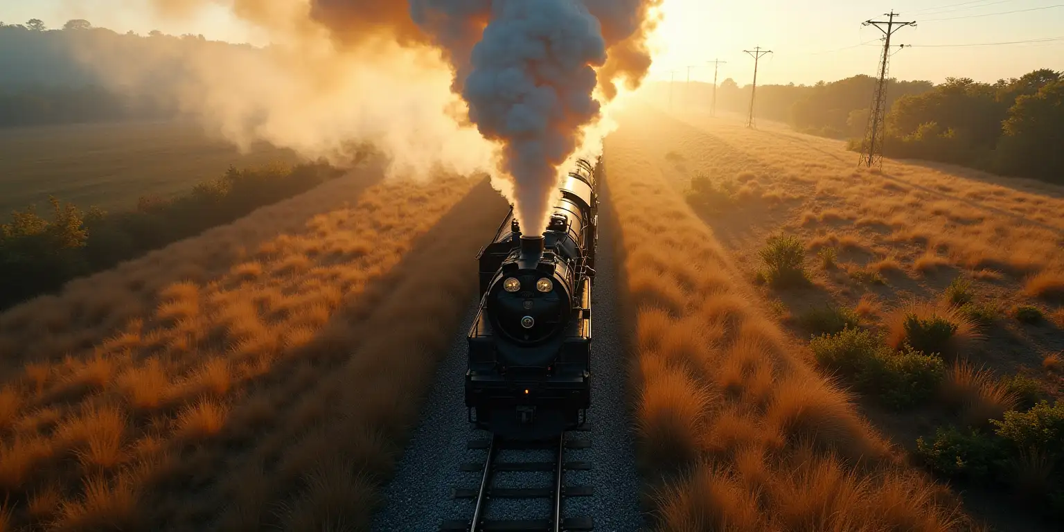 Sweeping Aerial View of Steam Locomotive Amid Wild Terrain