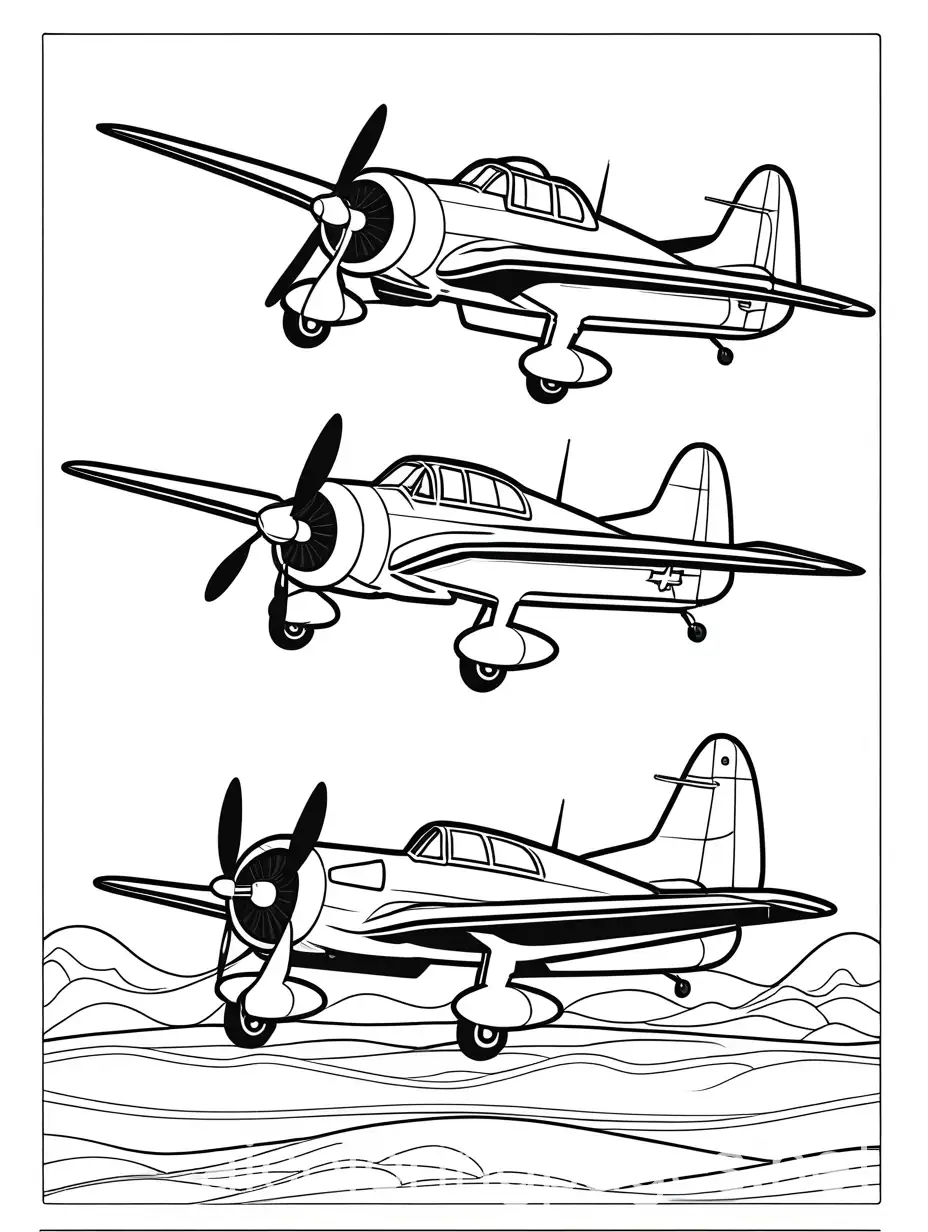 bomber and fighter planes, Coloring Page, black and white, line art, white background, Simplicity, Ample White Space. The background of the coloring page is plain white to make it easy for young children to color within the lines. The outlines of all the subjects are easy to distinguish, making it simple for kids to color without too much difficulty