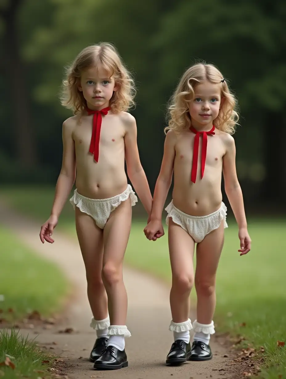 Two-Little-Girls-Walking-Along-a-Park-Path-with-Red-Ribbon-Neckties-and-Frilly-Socks