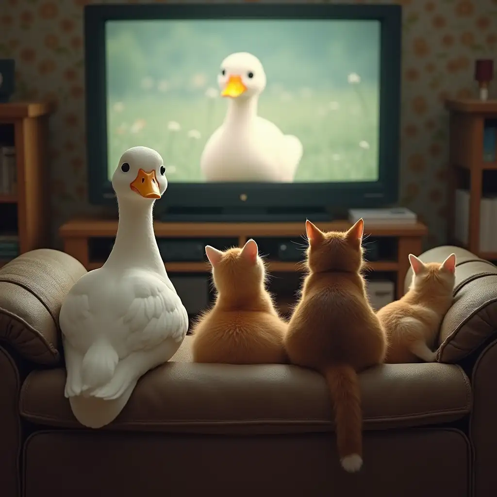 A duck and three cats sitting on a sofa watching television