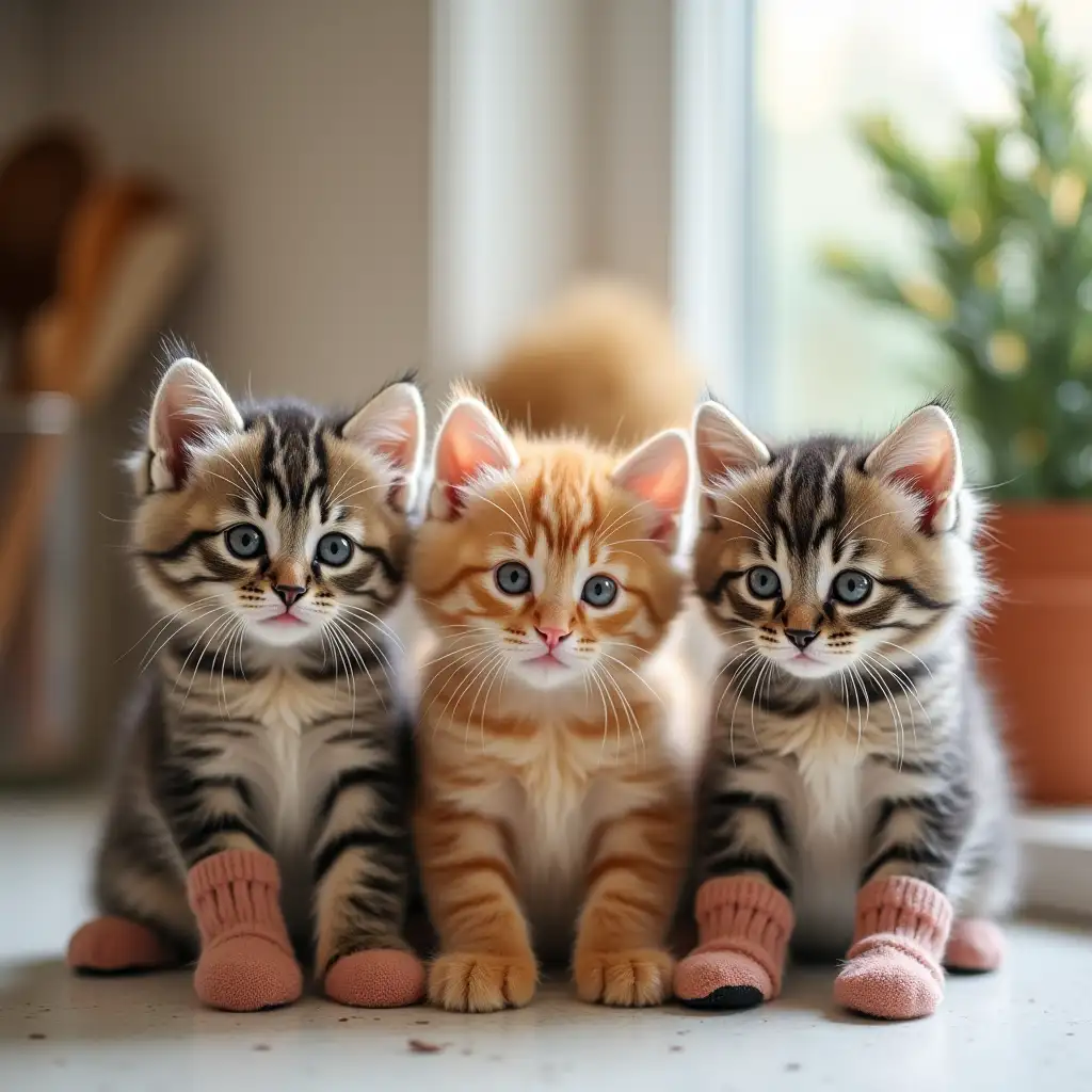 Three Little Kittens in a Kitchen Wearing Mittens