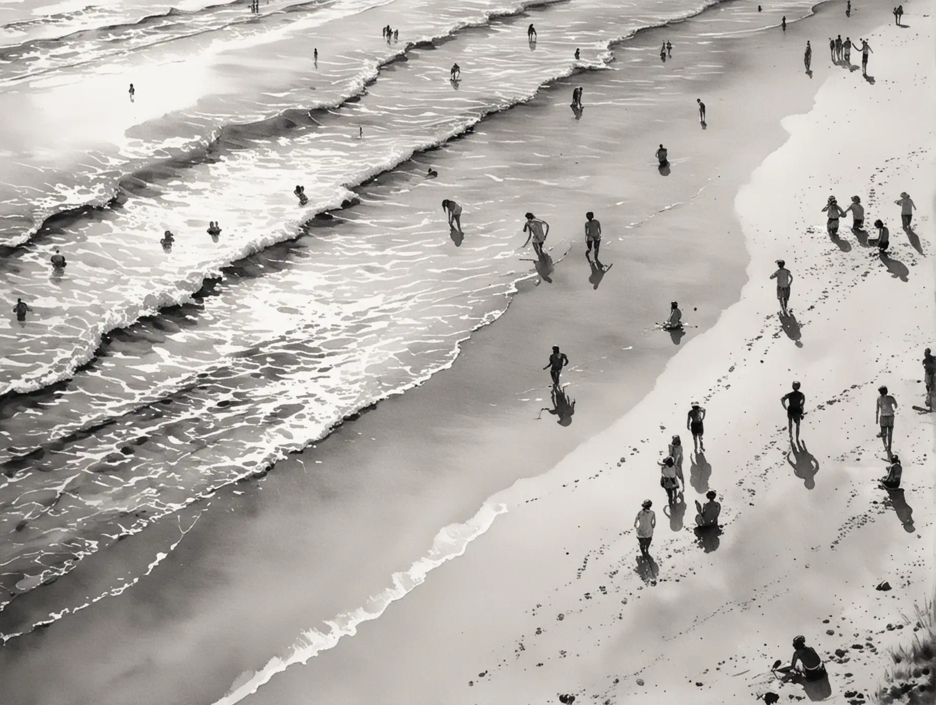 Black-and-White-Watercolor-Painting-of-People-Enjoying-on-the-Sand-and-in-the-Water