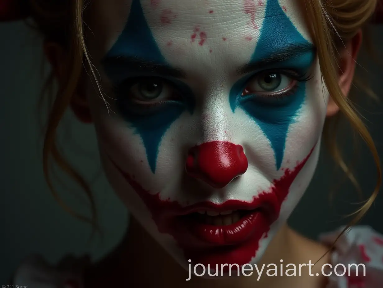 CloseUp-Portrait-of-a-Lady-Jester-in-Horror-with-Blood-Splatter