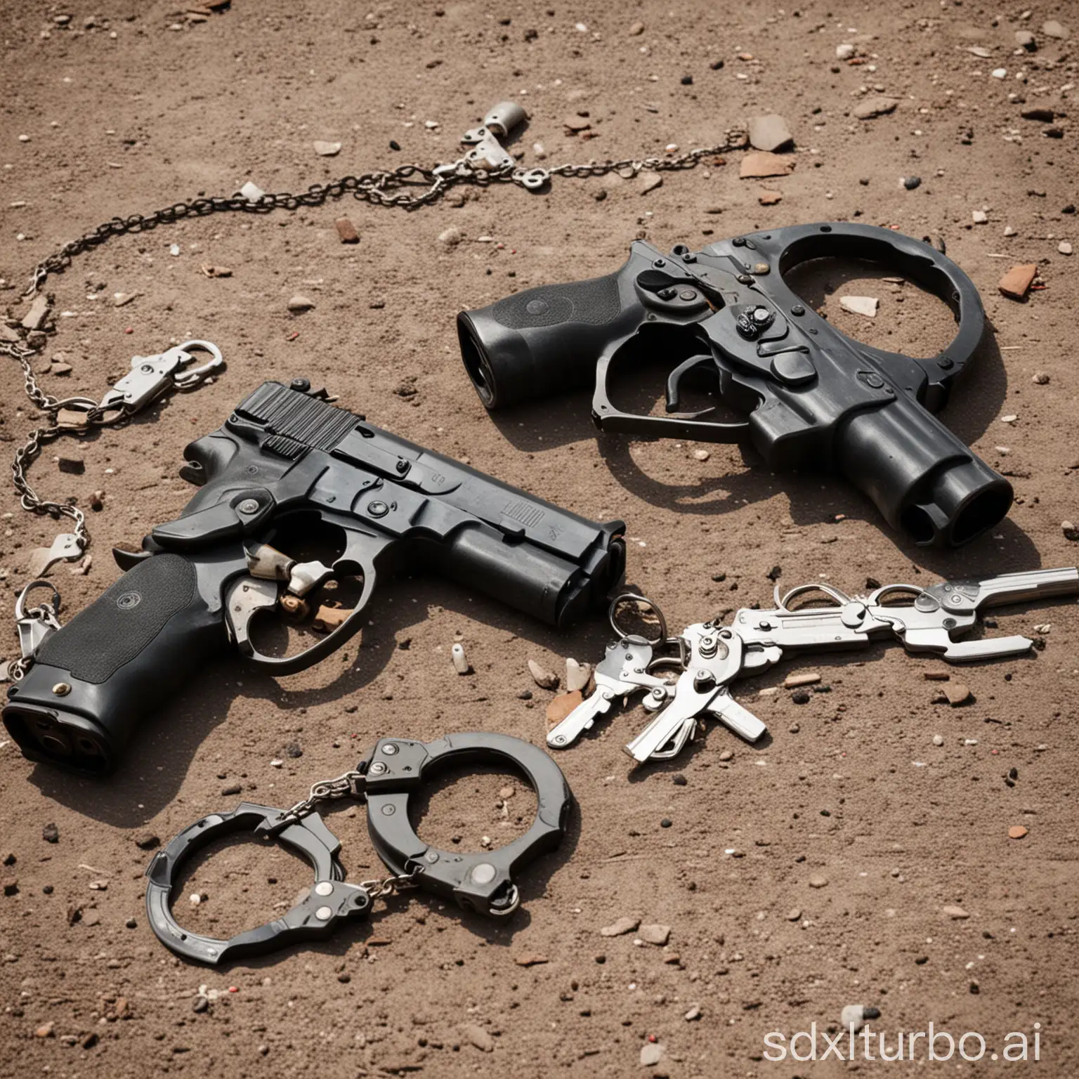 guns and handcuffs on the ground