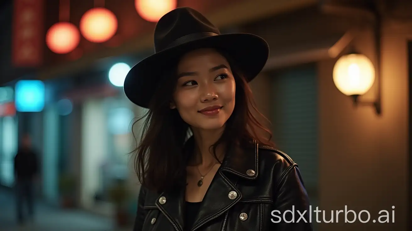 Photograph, 1 Vietnam woman in  leather denim jacket, in a hat,nighttime urban setting, blurred background, urban environment, warm lighting, casual attire, relaxed pose, confident expression, modern fashion.the background provide a rich,textured setting,further emphasizing the unique style and attitude of the subject. Shot with a Fujifilm X-Pro3 camera,. ,HDR,UHD,8K,best quality,best quality,masterpiece,realistic,cute face,smug,naughty face,light blush,giggling,backlighting,rim_light,moody lighting,Wong Kar-wai movies