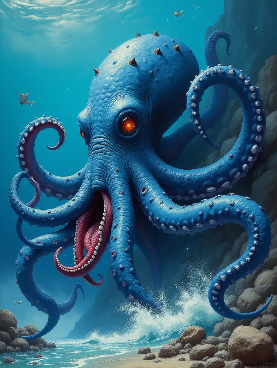 boris vallejo style, frank frazetta style, The blue octopus was an overgrown ten meters tall, with large slimy tentacles, at the end of each of which was a mouth with sharp teeth. There was a similar one on the head, only on a larger scale. And all the mouths screamed at once so that the ears could barely stand it., very detailed,realistic, realism, Boris Vallejo style, ((Boris Vallejo)), Boris Vallejo art style inspired by Boris Vallejo,Boris Vallejo, Boris Vallejo style, very detailed, Boris Vallejo and Julie Bell style,